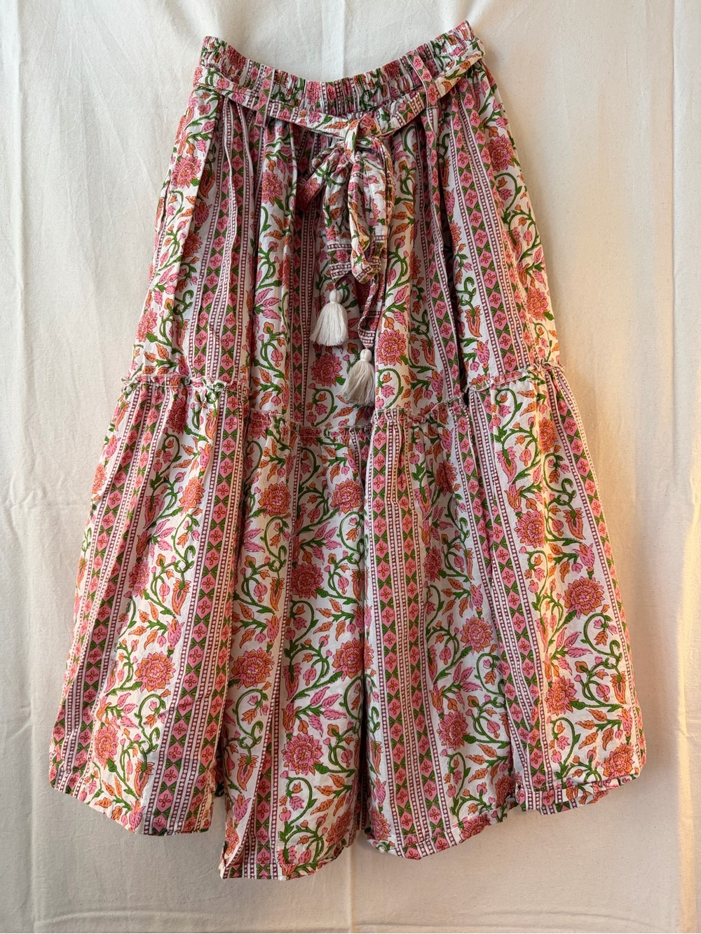 Tiered Floral Midi Skirt in Pink and Green with Tassel Tie